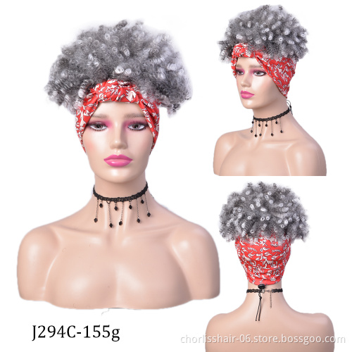 Hot selling Ombre Blonde Black Fluffy Afro Short Kinky Curly Turban Wigs Synthetic Wigs With Headband Attached For Black Women